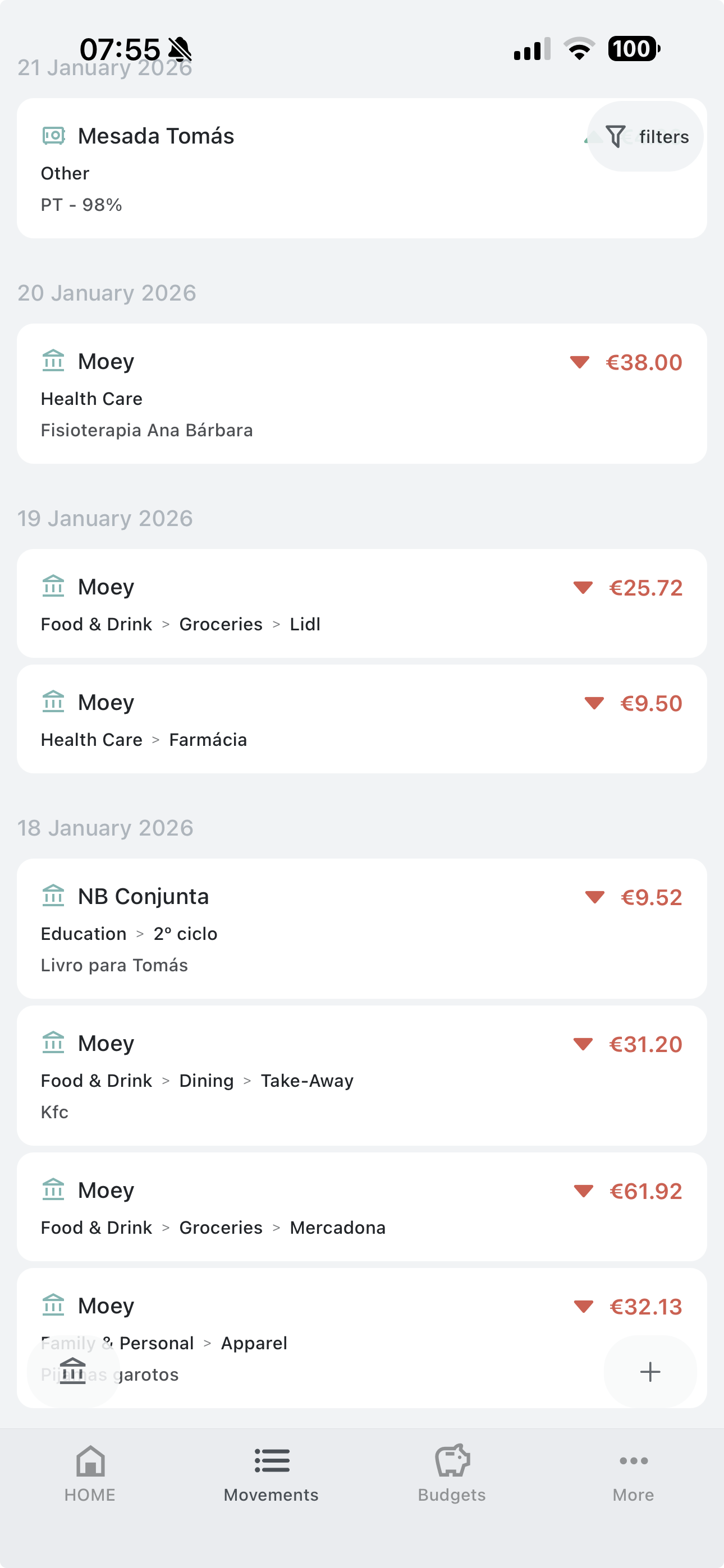 CashflowFrame transactions movements list