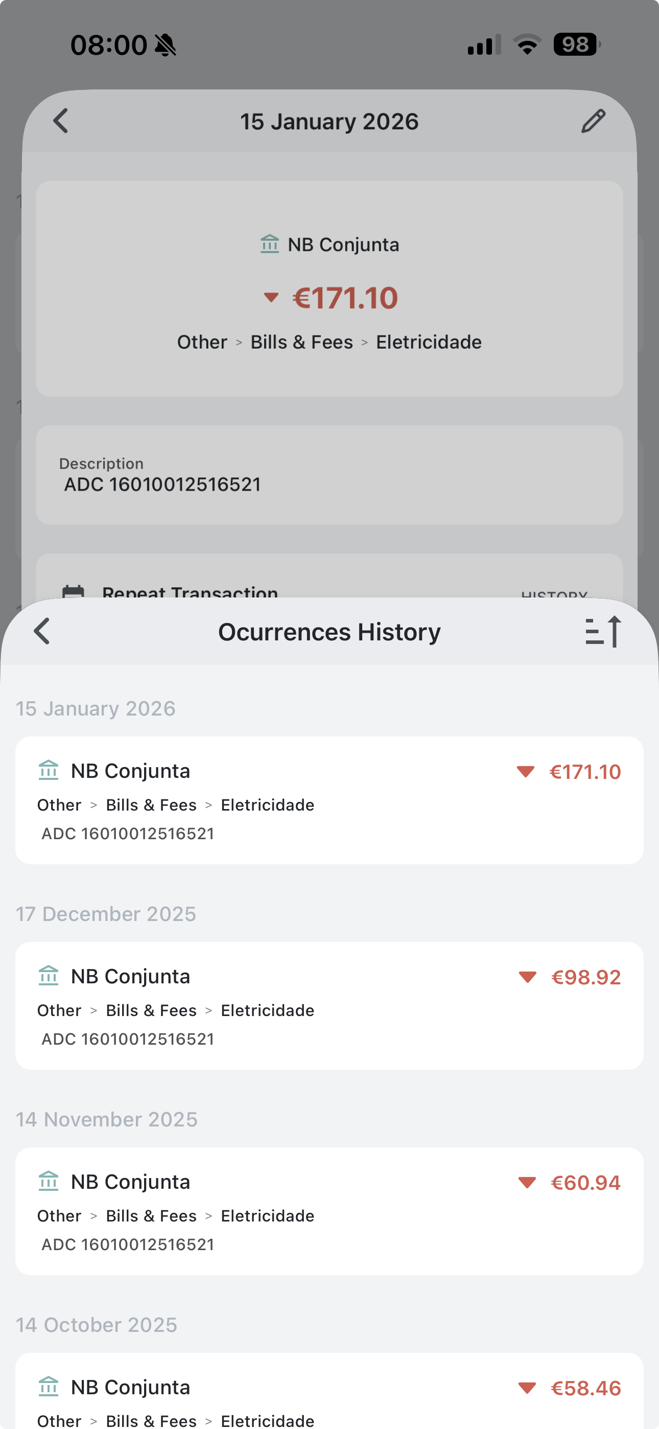 CashflowFrame repeating transactions history